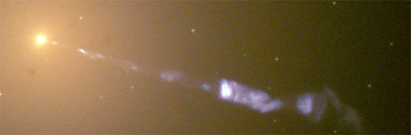 The M87 black hole blasts relativistic plumes of gas 5000 ly from the centre of the galaxy (NASA)
