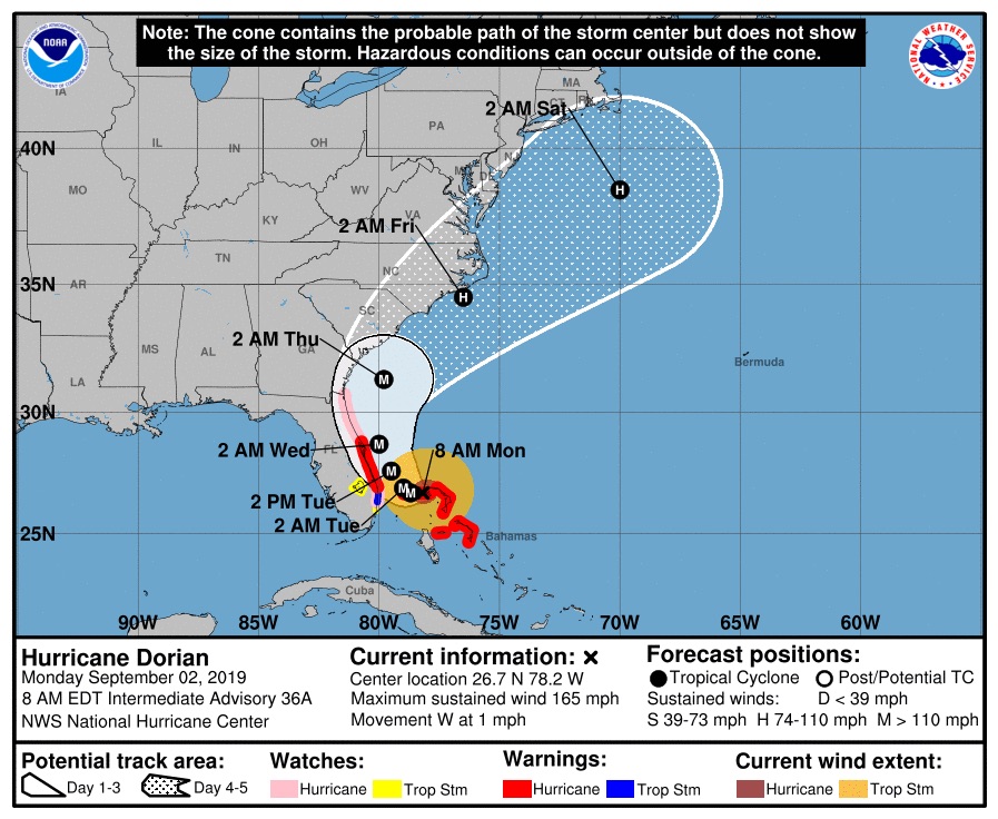 hurricane dorian predicted path as of 8am edt on sept. 2