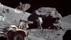 A photo of a NASA astronaut collecting regolith samples on the moon