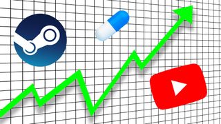 An arrow on a graph alongside the Steam and YouTube logos, illustrating indie video game marketing techniques