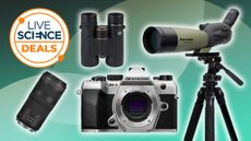 camera, lens, spotting scope and binoculars on a green background