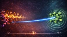 An illustration showing a green hexagonal molecule on the right connects with a series of glowing waves on the left with a bright blue line
