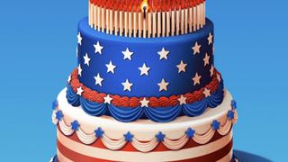 The Economist America at 250 Cover showing a large birthday cake decorated with US flag decorations and topped with matches, of which one is alight