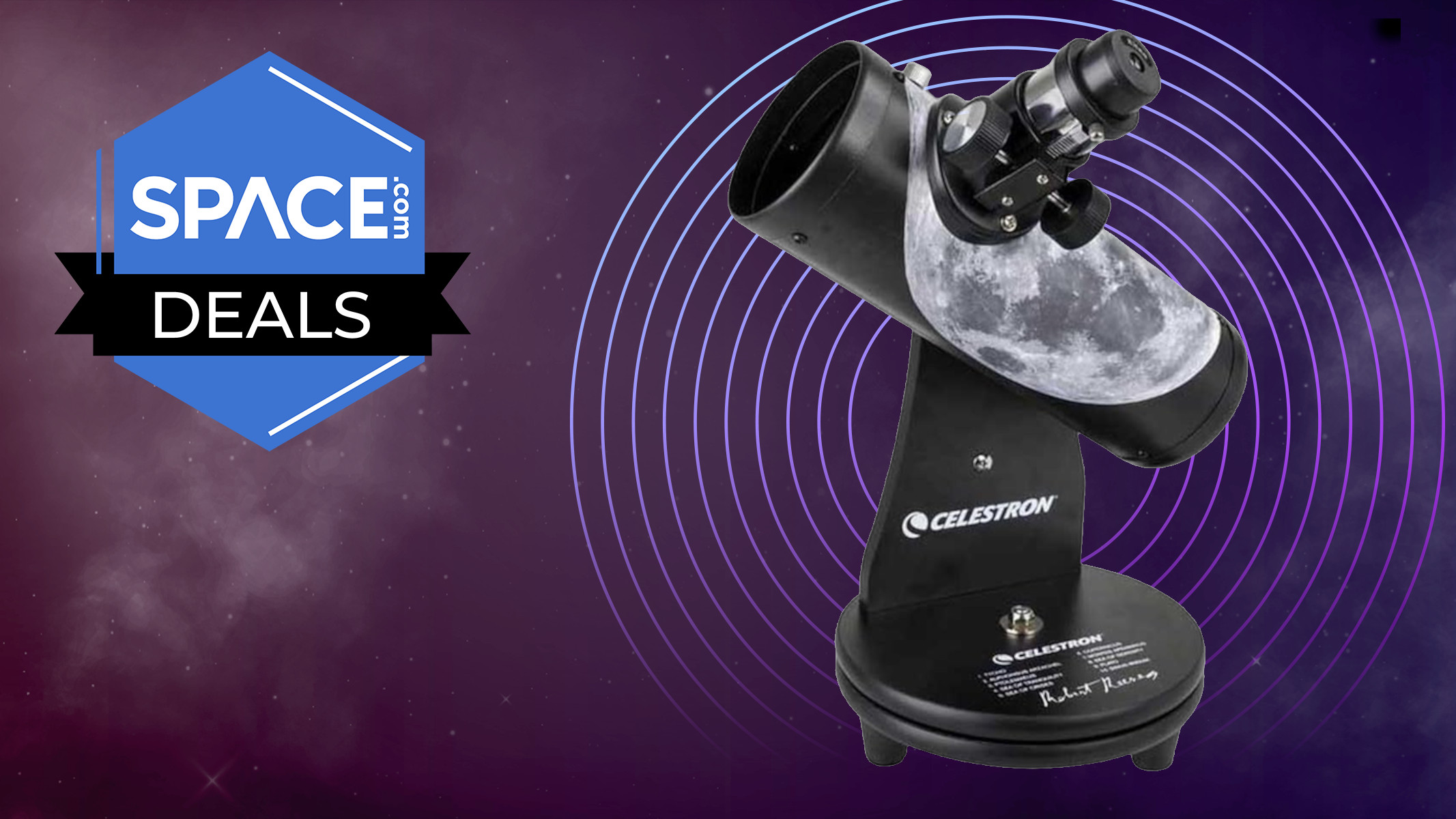 A Celestron FirstScope against a purple background with a Space Deals logo. 