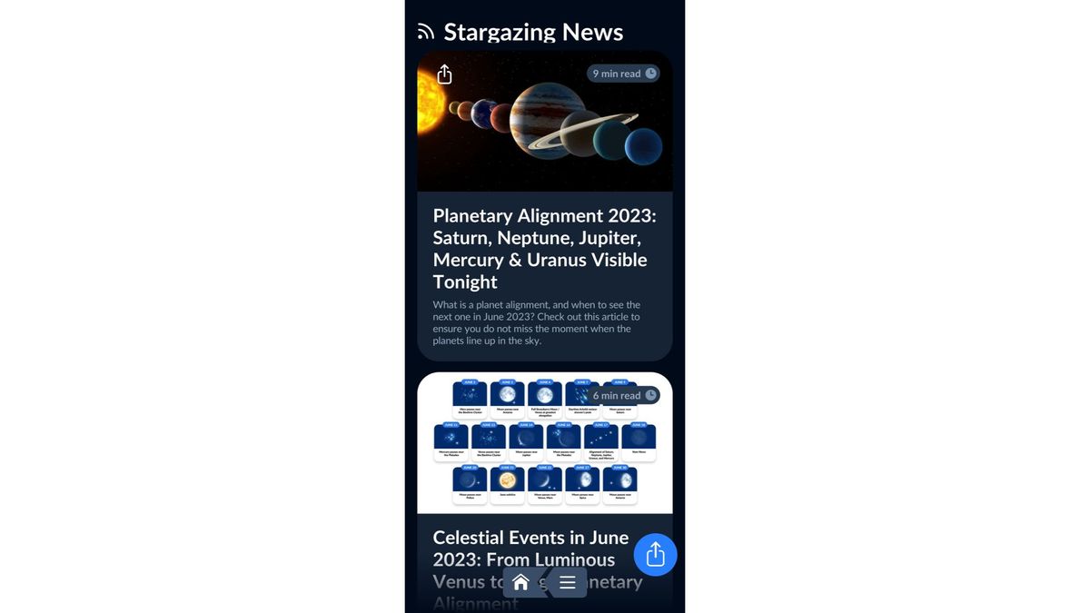 Screenshot of the news page on the Sky Tonight app showing a planetary alignment.