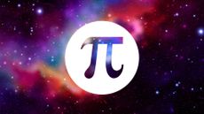 A drawing of the symbol pi in a white circle in front of a colorful space background