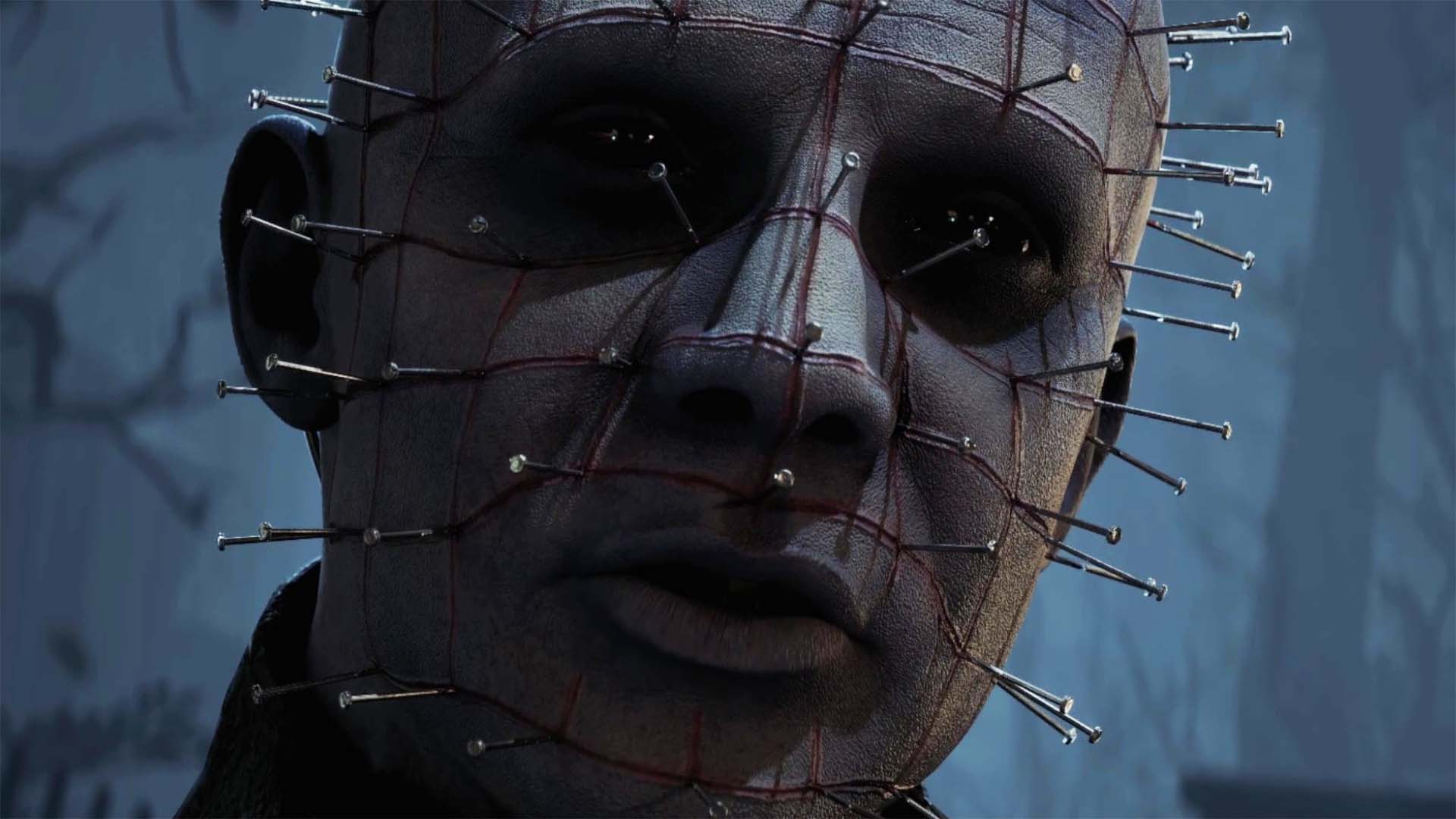 A close-up of the Hell Priest, Pinhead, a cenobite from Clive Barker's Hellraiser: Revival, who has pins arranged in a grid on his face