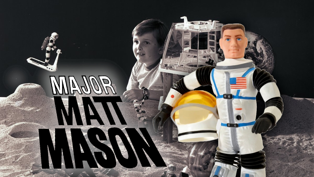 An astronaut toy shown in front of a black &amp; white play scene advertising the Major Matt Mason toy line.
