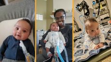 A compilation of three different photos of a baby with a small pile of curly hair on top of its head.
