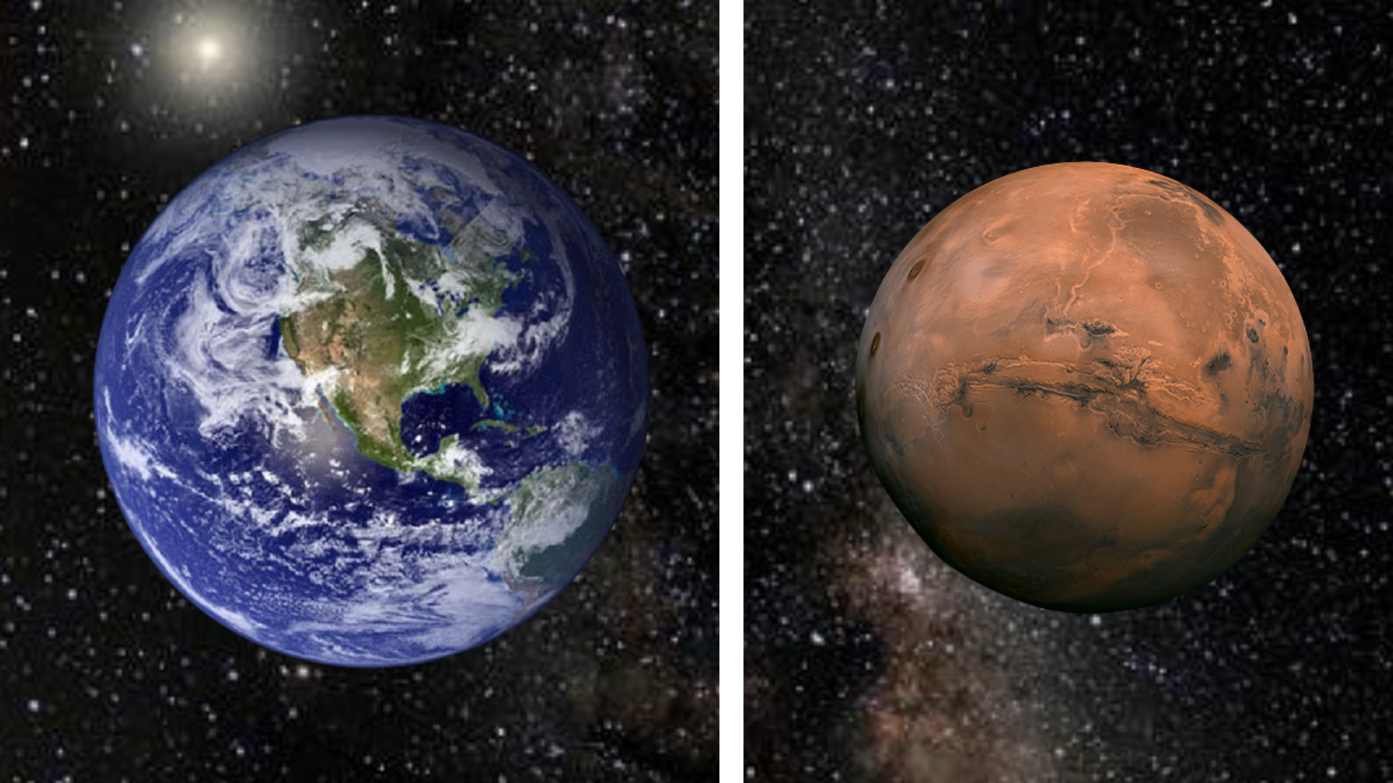 An illustration of Earth (left) and Mars (right) neighbors and terrestrial planets but built differently