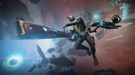 A Warframe wields a comically oversized gun
