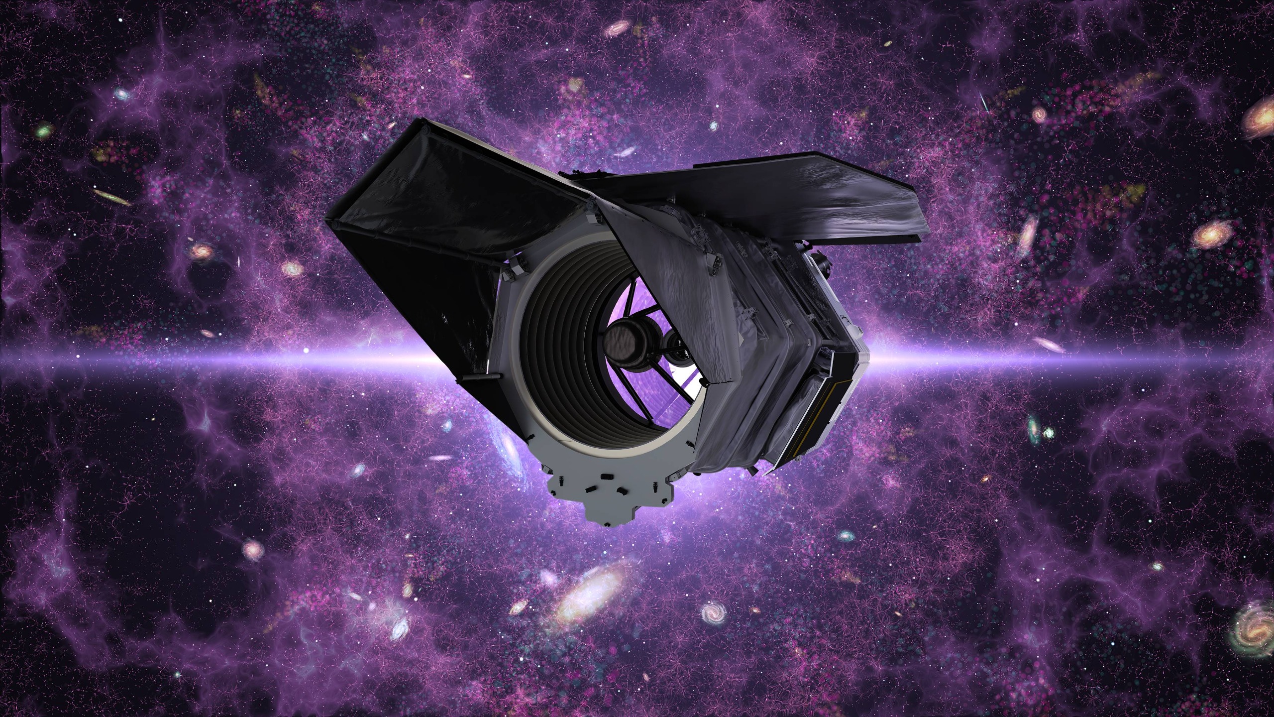 A NASA rendering of the Nancy Grace Roman Space Telescope deployed in space