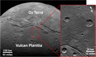 Craters on the Pluto moon Charon's Vulcan Planitia, as seen by NASA's New Horizons spacecraft in July 2015.