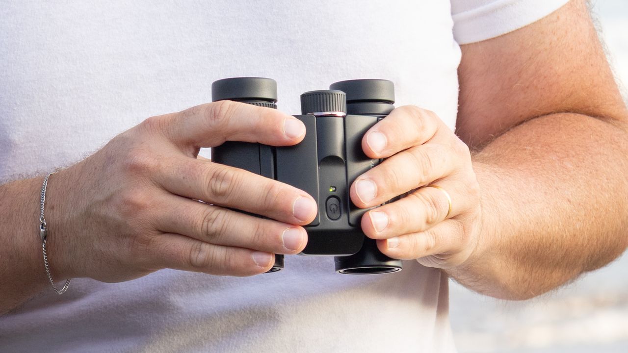 Nikon Stabilized 12x25 S binoculars held in the hands of the reviewer in front of breaking waves at the beach
