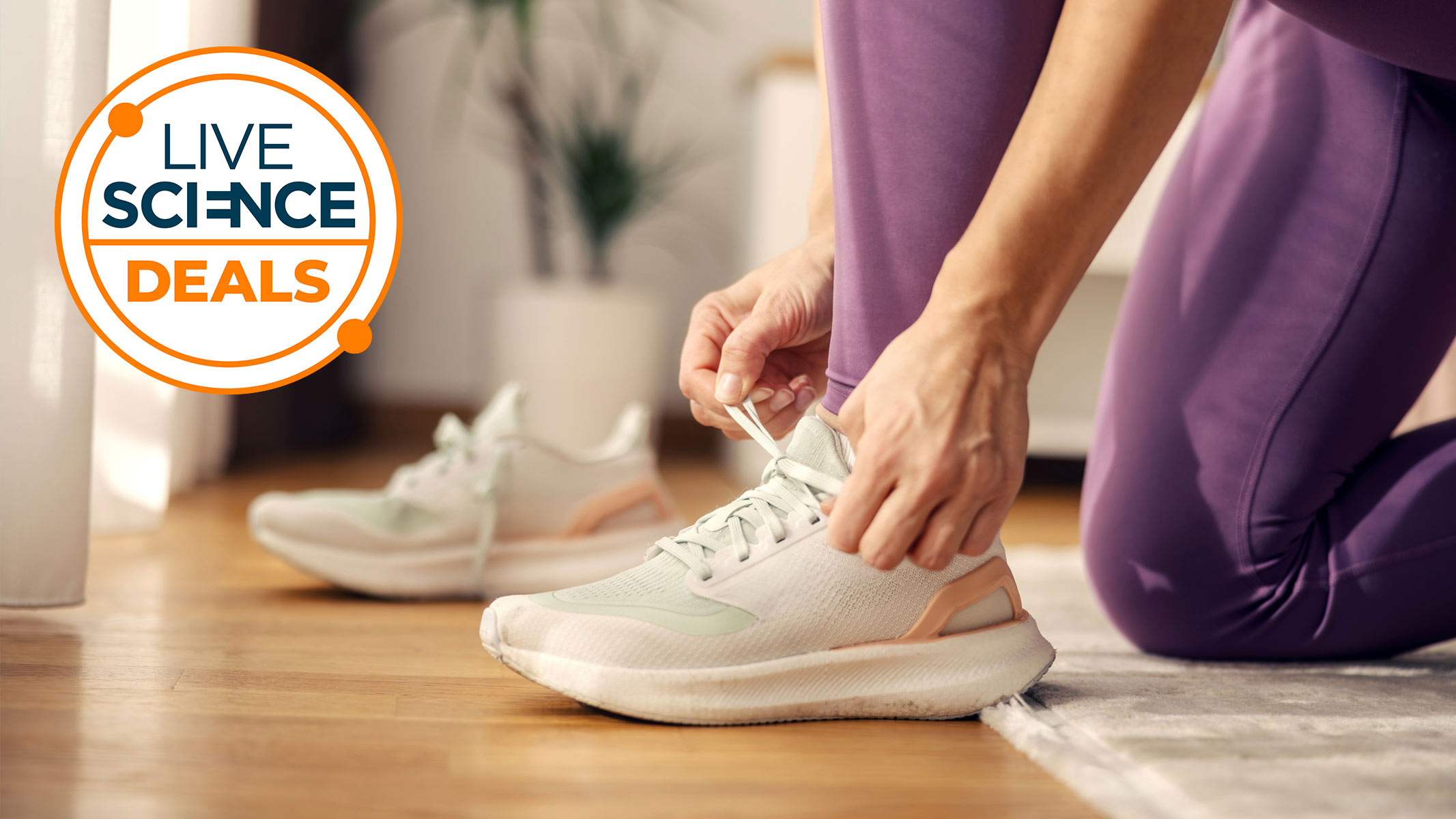 A Live Science deals logo and a close-up picture of a woman tying her running shoes