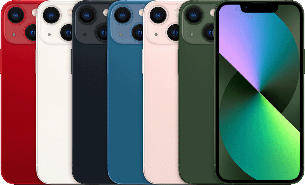 The backs of several iPhone devices, side by side, in all available colors, followed by the front of one.