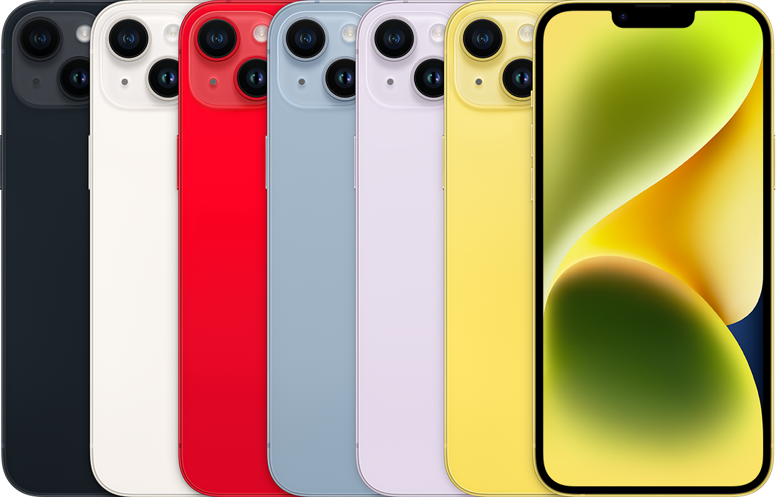The backs of several iPhone devices, side by side, in all available colors, followed by the front of one.