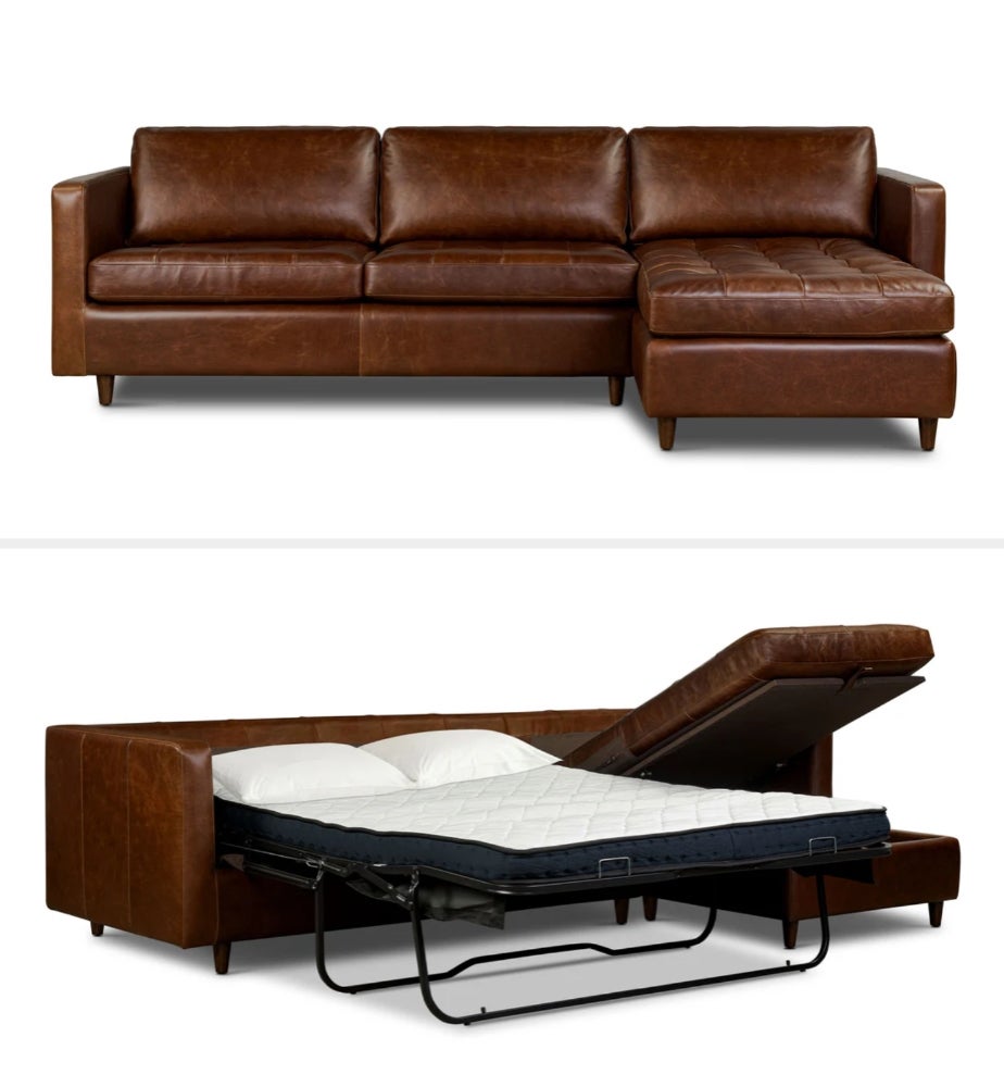 Brown leather sectional sofa with a pull-out sleeper bed feature displayed. Ideal for guest accommodations and versatile living spaces