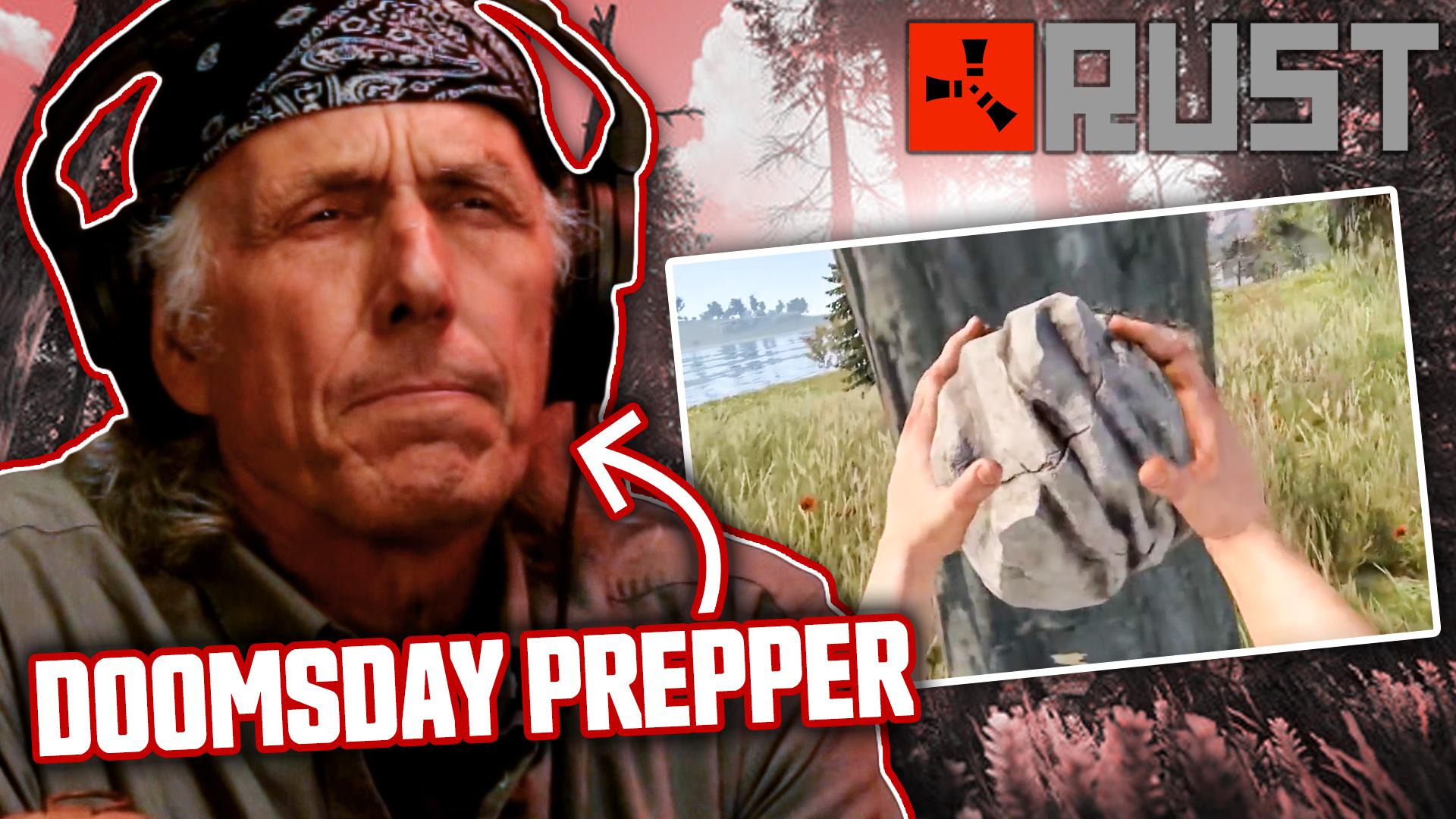 Christopher Nyerges's close-up face looks flustered with the words "Doomsday Prepper" pointing toward him. An image of hands bashing a rock into a tree appear from the video game Rust on the right with the game's title above it.