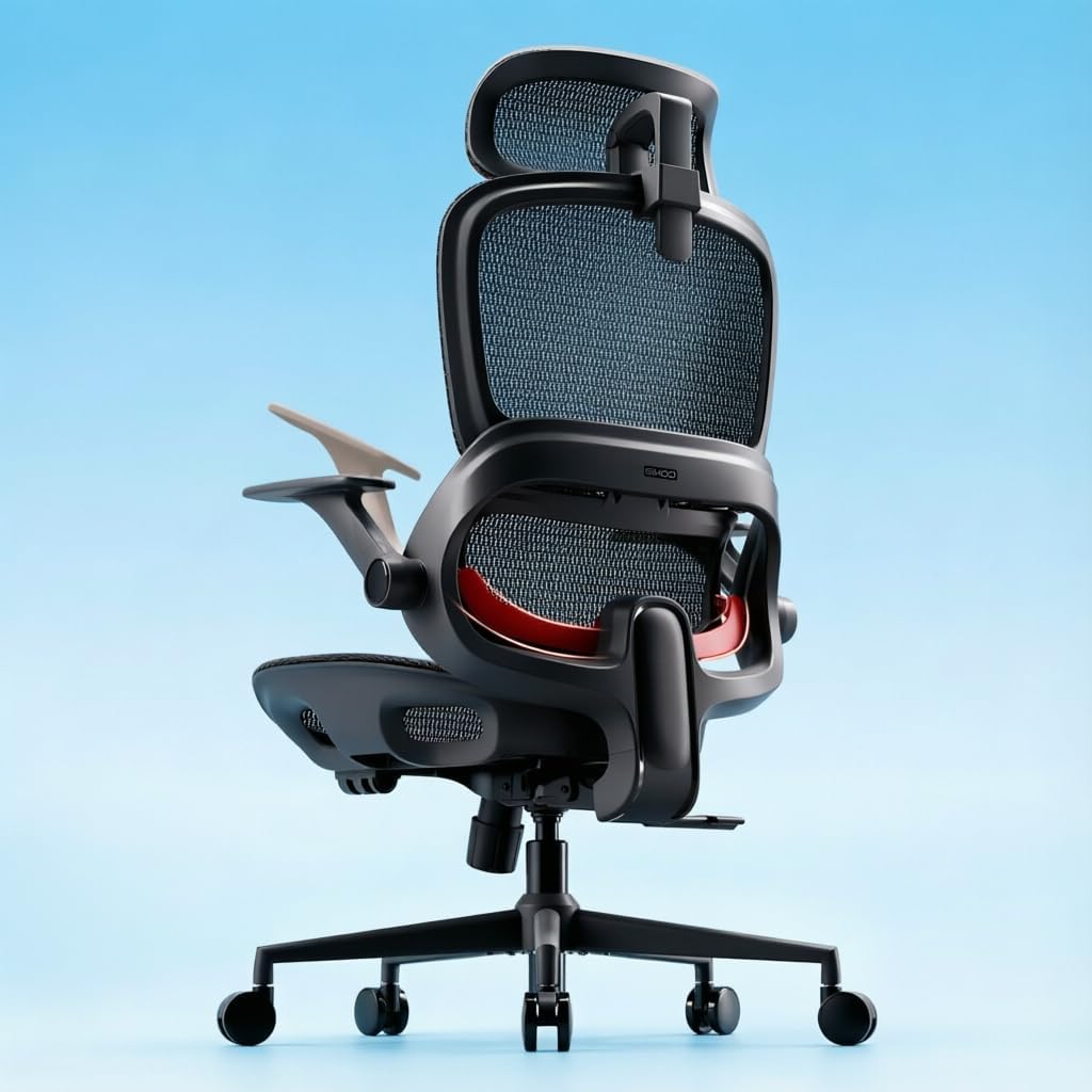 Ergonomic office chair with black mesh back and red lumbar support.