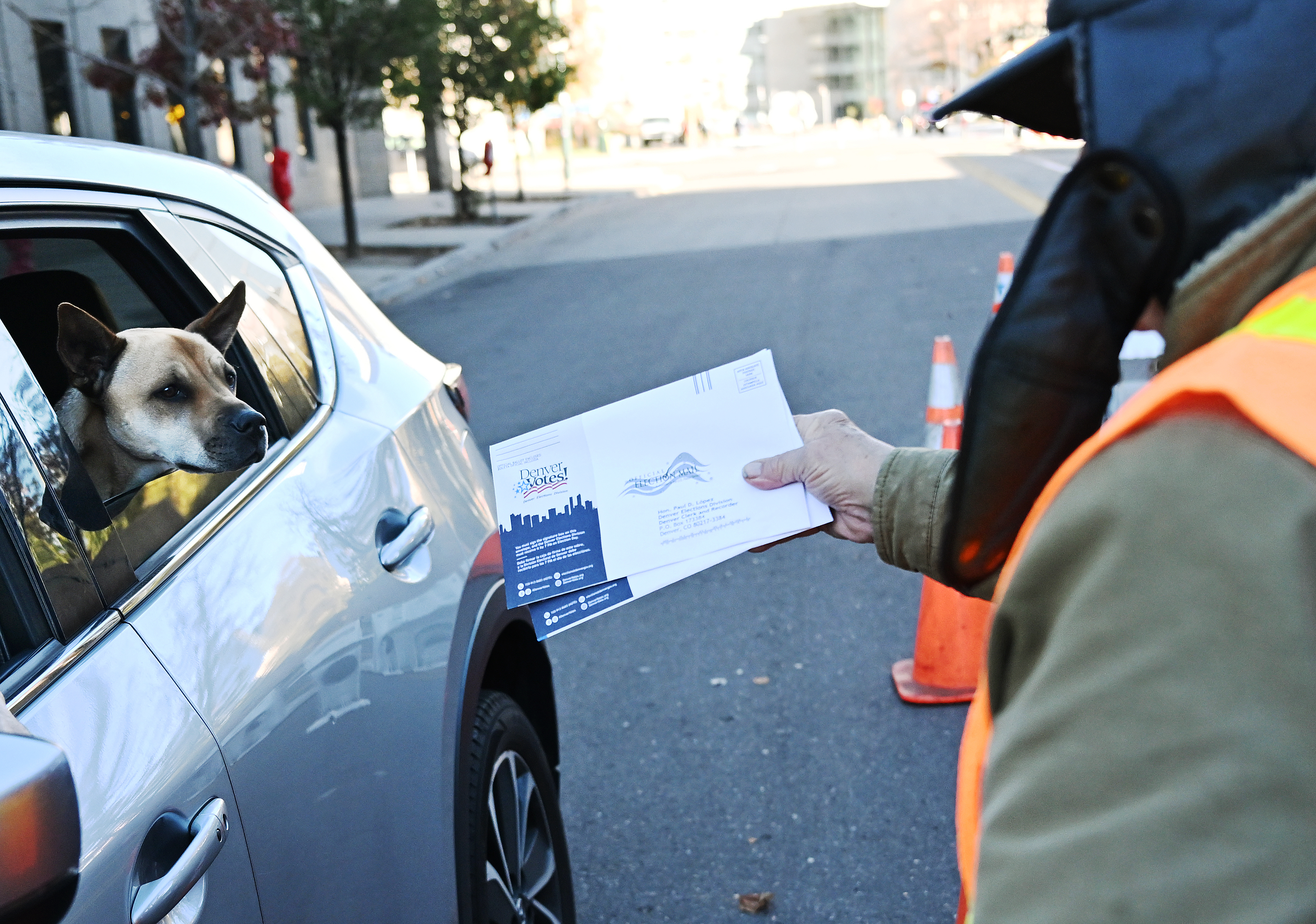 Election day at a ballot drop off A dog pokes its head out the back window as election volunteer Adam Ballinger, right, bundled up against the morning chill, collects ballots from the dog’s owner at a drive-through drop-off location at Bannock Street and West 14th Avenue Parkway on Election Day in Denver., on Nov. 4, 2025. (Photo by RJ Sangosti/The Denver Post)