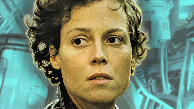 Ellen Ripley from Aliens looking concerned against a teal background